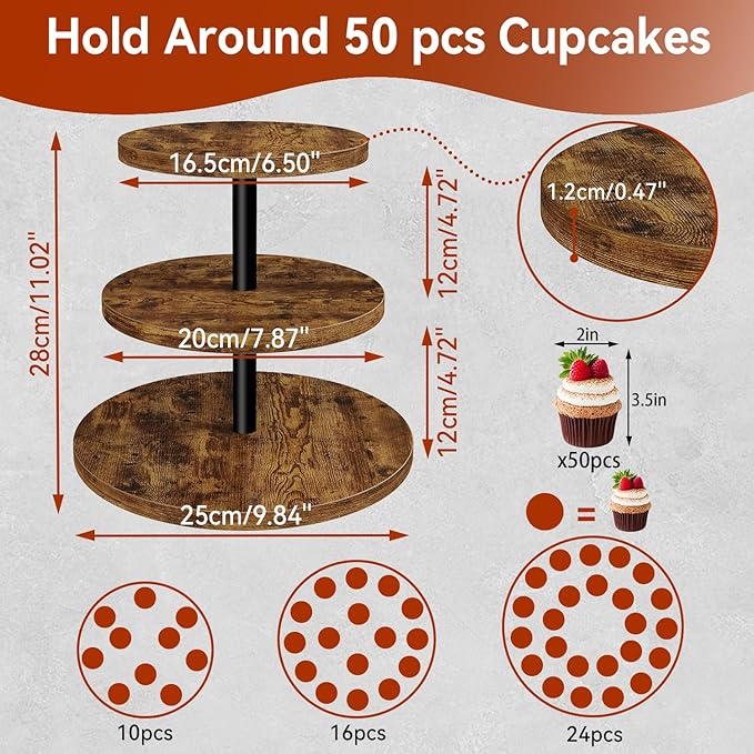 IBUYKE 3 Tier Cupcake Stand,Wood Durable Cupcake Tower,Round Serving Display Stand,Dessert Table Display Tree Tower for Birthday,Home Party, Wedding, Baby Shower,Rustic Brown UTLJ017H