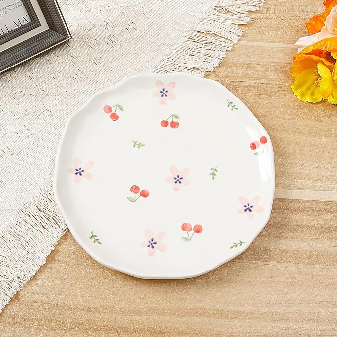 Koythin Floral Ceramic Dinner Plates, 8" Microwave Safe Dishes for Pasta, Modern Rustic Appetizer Plate for Salad Fruits Dessert Cake (Pink Flowers)