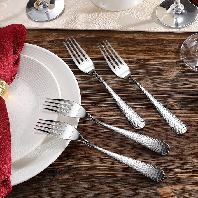 KEAWELL Premium 8-Piece Louise Hammered Fork Set, 18/10 Stainless Steel, Fine Fork Set with Round Edge, Brightly-Mirror polished, Dishwasher Safe. (8, 8" Dinner Forks)