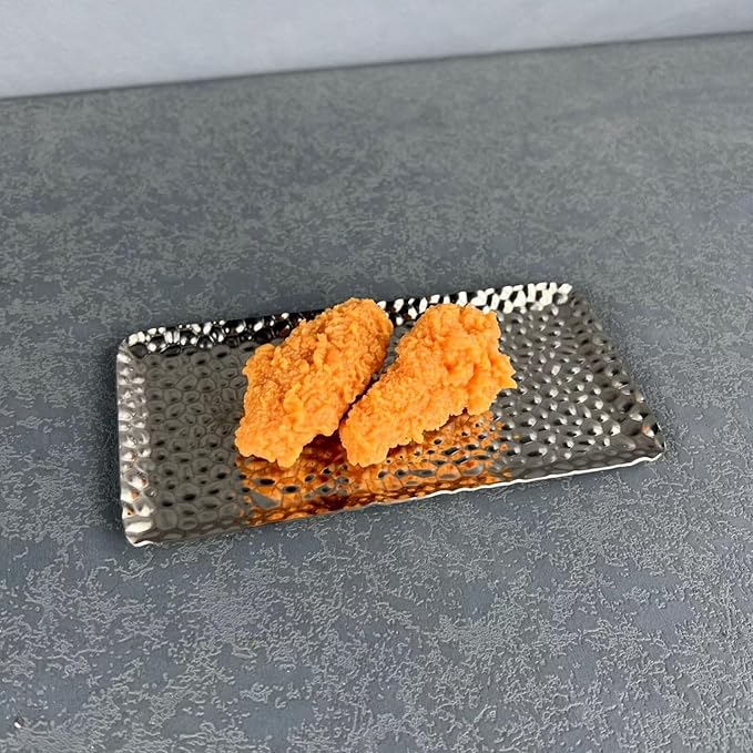 Mini Serving Platter Stainless Steel Serving Tray Hammered Rectangular 7.7 x 3.7 Inch Small Dessert Plates Coffee Table Tray Decorative Plates for Kitchen Party Silver