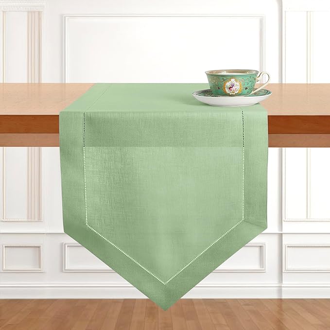 D'Moksha Homes Sage Green Linen Table Runner 120 Inches Long - 100% Pure Linen Diamond Table Runner 14 x 120 Inch for Dining, Winter, Christmas, Holiday, New Year - Machine Washable