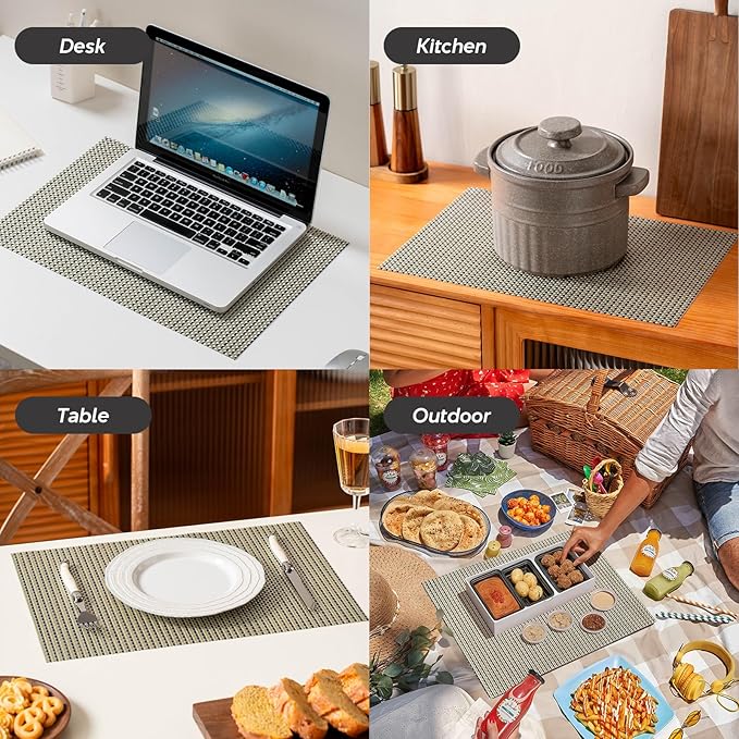 Placemats Set of 4, Heat Resistant Place Mats, Washable PVC Table Mats, Woven Vinyl Plastic Placemats for Dining Table, Non-Slip Stain Resistant Kitchen Table Placemats Easy to Clean?Brown&Green?