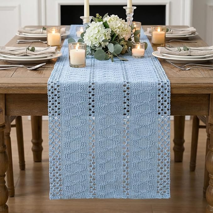 Artoid Mode Sky Blue Farmhouse Woven Rustic Hollow Table Runner, Seasonal Holiday Hollow Kitchen Dining Table Decoration for Home Party Decor 12x60 Inch