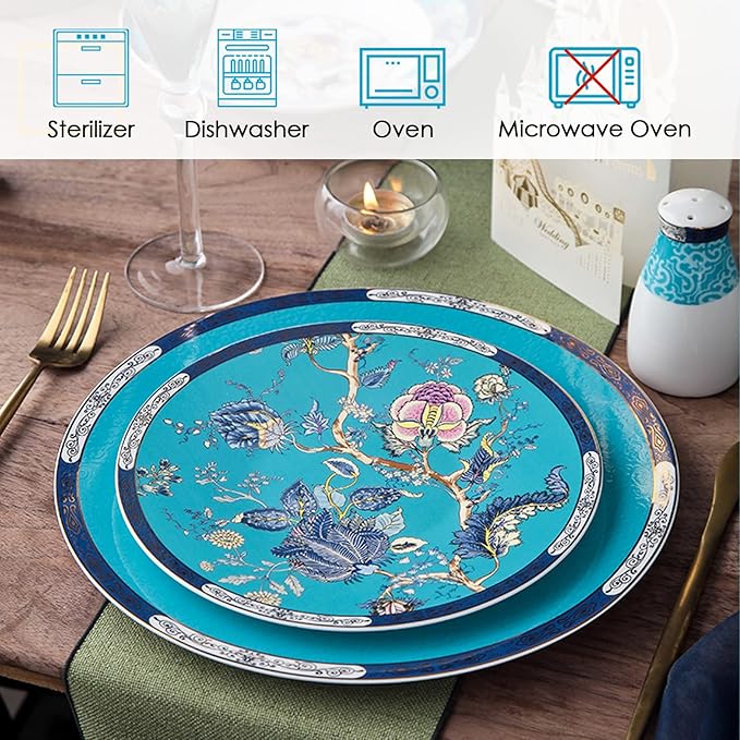 ACMLIFE Bone China Dinnerware Set for 4, 12-Piece Vintage Floral Dinnerware Set, Kitchen Plates and Bowls Set, Thanksgiving Christmas Gifts for Women (Blue)