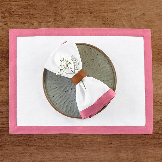 Solino Home Linen Cloth Napkins Set of 4-100% Pure Linen Pink Carnation and White Dinner Napkins 20 x 20 Inch for Christmas - Classic, Handcrafted and Machine Washable