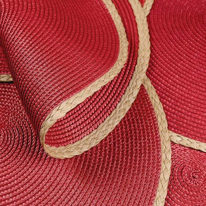 Noctiflorous Round Placemats Set of 8, 15 Inch Braided Hand Woven Table Mats, Heat Resistant Non-Slip Wipeable Thin Edge Place Mats for Kitchen Dining Indoor Outdoor Use(Red, 8)