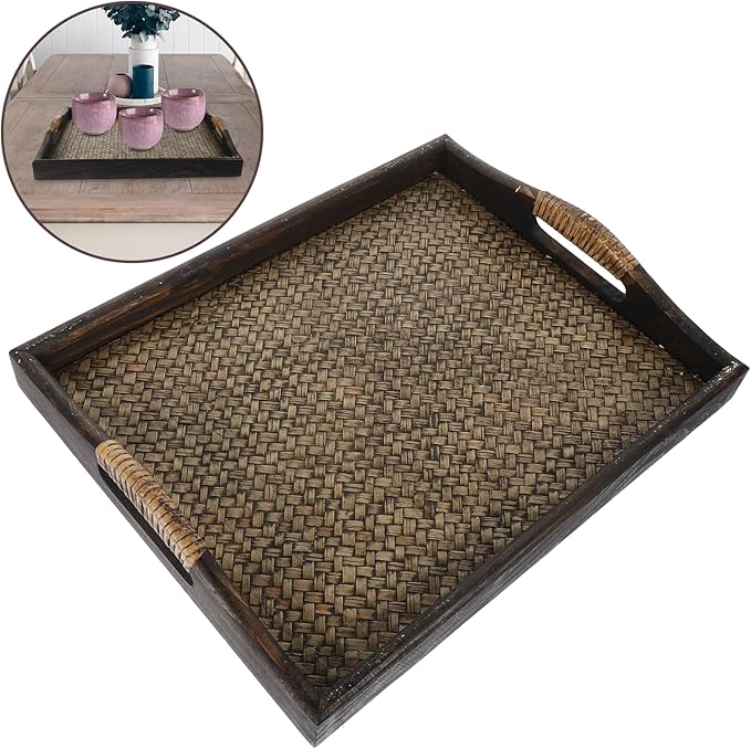 Wood Rectangular Tea Cup Tray with Raised Handles, Large Southeast Asian Style Rattan Serving Tray for Hotel Bar and Home Breakfast Fruit Storage