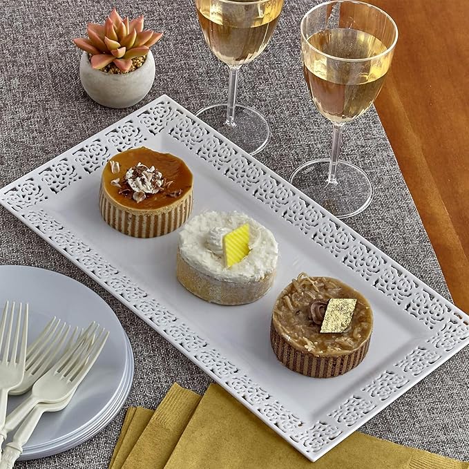 Silver Spoons White Plastic Rectangular Trays with Lace Rim - 14" x 7.5" (Pack of 6) - Perfect for Parties, Weddings & More