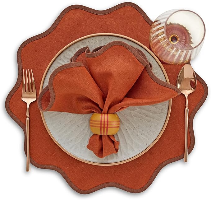 Solino Home Linen Scallop Cloth Napkins Set of 4-100% Pure Linen Brown and Cinnamon Dinner Napkins 20 Inch for Christmas - Giselle Scallop Edge, Handcrafted and Machine Washable