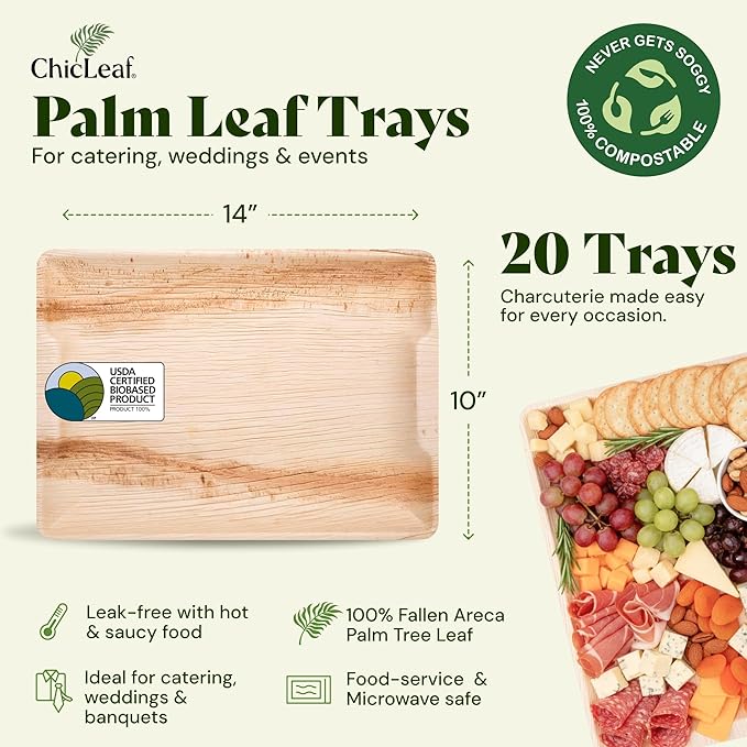 Chic Leaf 10x14 Disposable Charcuterie Boards, 20 Pack - Oval Palm Leaf Trays for Christmas & Holiday Parties - Heavy Duty Serving Platters for Fruit, Cheese, & Cookie Display - Microwaveable