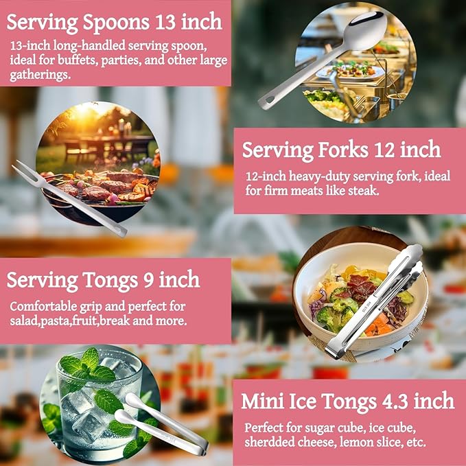 10-Piece Large Flatware Serving Utensils Sets, Stainless Steel Long Handle Serving Spoons, Heavy Duty Serving Forks, Serving Tongs, Mini Sugar Tongs for Buffet Catering Banquet Party (Silver)