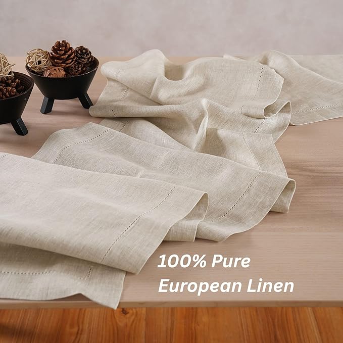Home Ekaa Linen Light Natural Table Runner 48 Inches - 100% Pure Linen Cloth Fabric Hemstitch Table Runner 14 x 48 Inch for Dining, Dresser, Thanksgiving, Fall Christmas - Lino