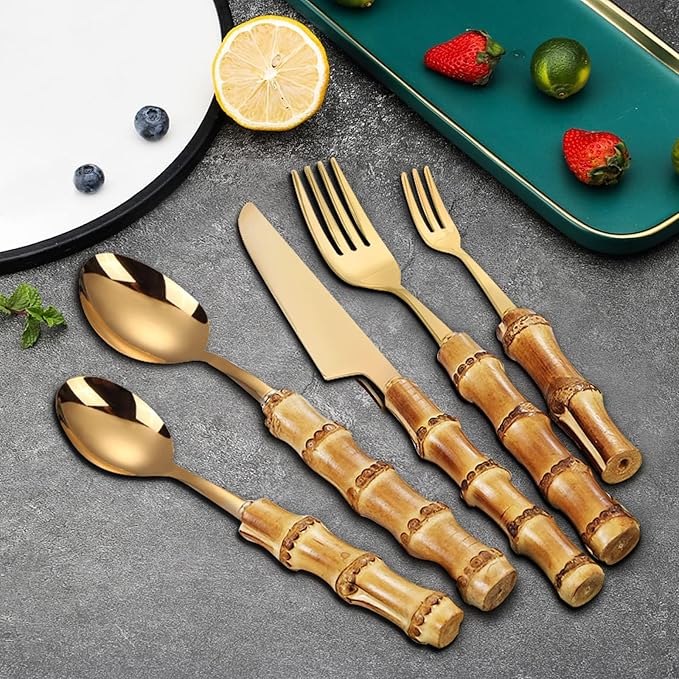 40-piece bamboo flatware cutlery set for 8, gold bamboo handle silverware set, 18/8 stainless steel cutlery set reusable with forks and spoons, dishwasher safe