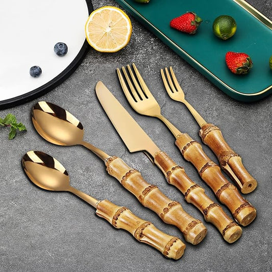 40-piece bamboo flatware cutlery set for 8, gold bamboo handle silverware set, 18/8 stainless steel cutlery set reusable with forks and spoons, dishwasher safe