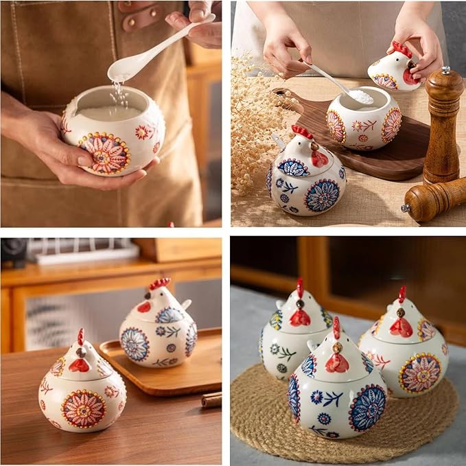 Ceramic Salt Cellar with Lid and Spoon | 13.5OZ Large Chicken Salt Container | Salt Cellar for Countertop | Salt Holder Jar for Counter Cookie Sugar Spices Candies Home Chicken Decor Rooster (Blue)
