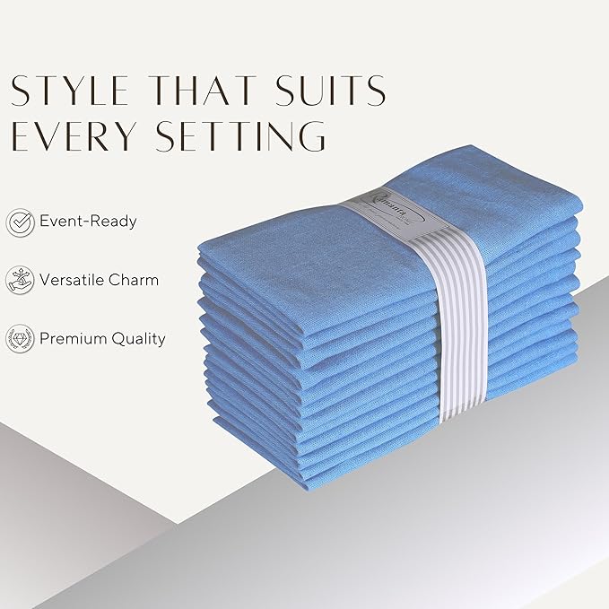 Ramanta Home Light Blue Cotton Dinner Napkins Set of 12, 18x18 Inch 100% Cotton Cloth Napkins, Reusable Fabric Table Napkins for Everyday Dining, Parties, Wedding, Spring & Easter Table Décor Washable