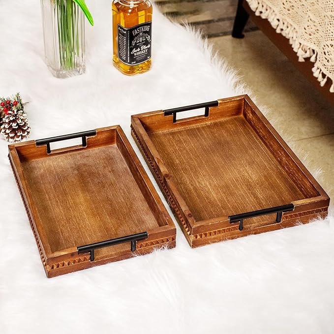 Wooden Set of 2 Serving Trays with Metal Handles Vintage Ottoman Tray 15 X 11 Wooden Retro Decorative Trays with Geometric Beads for Dinner & Home Decor (2paxk)