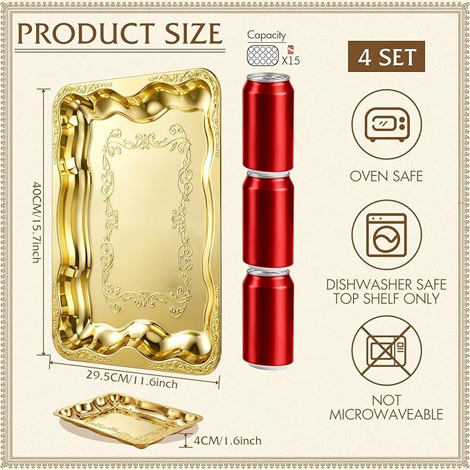 4 Pack Gold Serving Trays Set for Party, Butterfly Floral Gold Platter Engraved Mirror Tray, 15.8 x 11.6 Inches Elegant Metal Plate for Christmas Food Appetizer Cookies Desserts