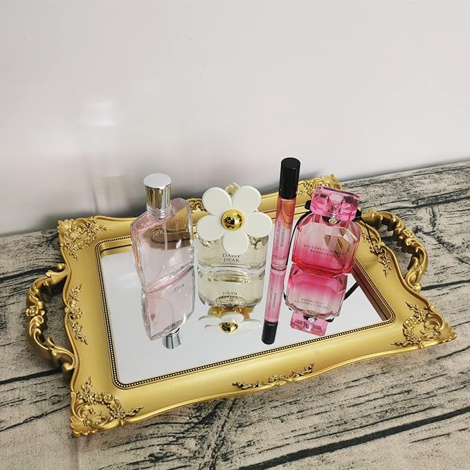 Hamphinee Rectangle Floral Decorative Mirror Tray, Perfume Organizer, Jewelry Dresser Organizer Tray & Display, Makeup Organizer Vanity Tray, Serving Tray, 9.3"x14.9", Gold