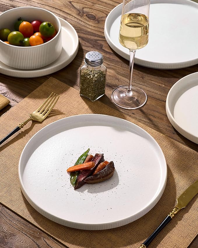 24-Piece Dinnerware Set for 8, Famiware Premium Stoneware Dish Set with Ribbed Plates and Deep Bowls, Double Reactive Glaze, Chip & Scratch Resistant, Microwave & Dishwasher Safe, Matte Reactive White