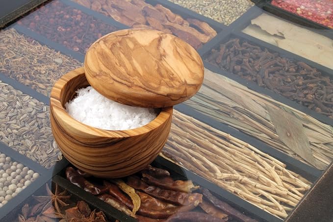 Swissmar Napoli Olive Wood Salt Keeper – Small Container with Removable Wooden Lid, Countertop Spice Jar for Flaky Crystals, Sugar, Seasoning, Kitchen Storage Canister, 2.2 oz / 65 ml
