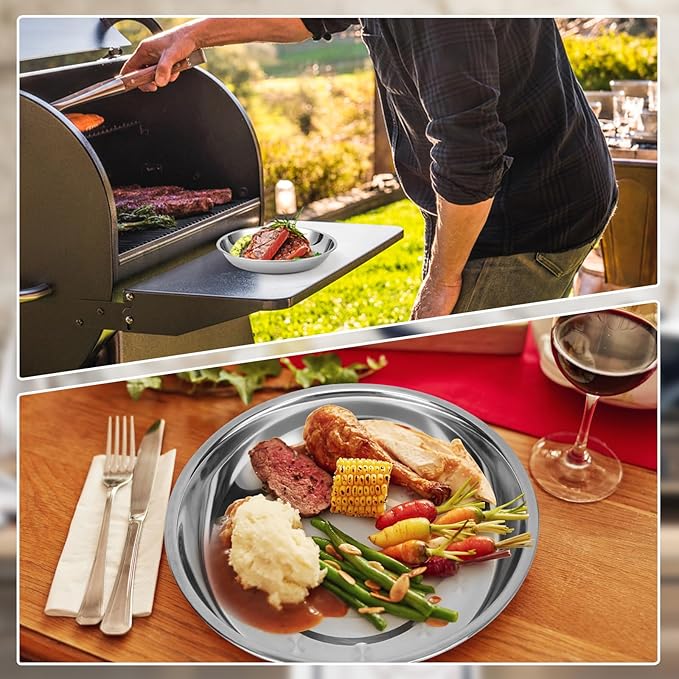 Patterned Deep Metal Camping Plates, 4 Pack 9.4 inch 201 Stainless Steel Plates, Reusable Pizza Food Serving Snack Eating Salad Dishes Round Shatterproof Silver Dinnerware Dinner Oven Safe