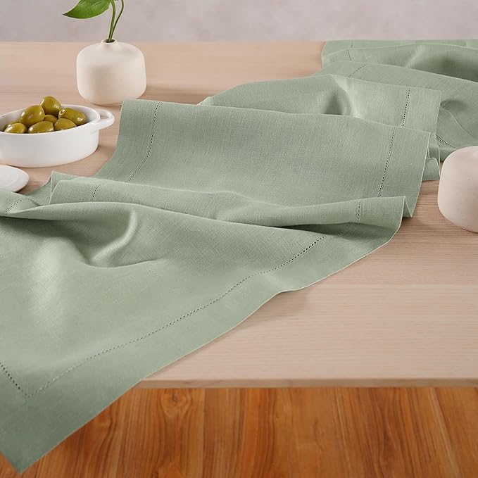 Home Ekaa Sage Green 100% Pure Linen Table Runner 90 inches – Long Hemstitch Runner 14x90 Inch Ideal for Dining - Fall, Christmas, Winter, Holiday, & Everyday Decor – Elara