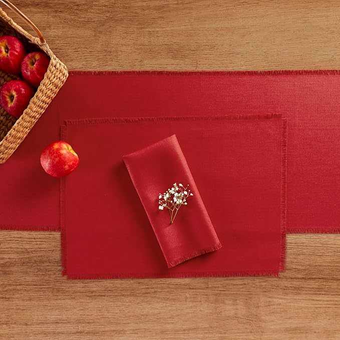 Solino Home Cherry Red Linen Napkins Set of 4-100% Pure Linen Fringe Dinner Napkins 20 x 20 Inch for Christmas, New Year