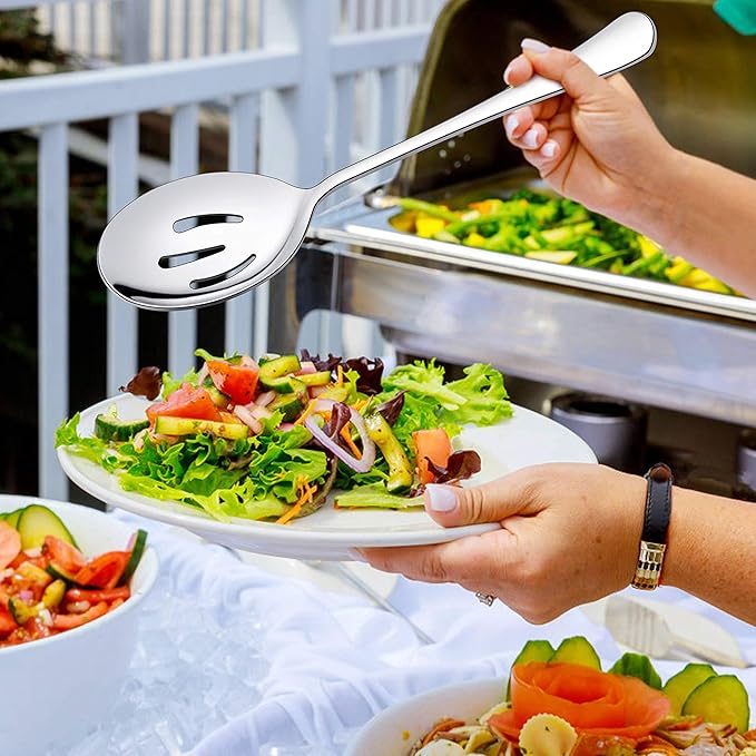 LIANYU 14 Piece Serving Spoons and Serving Utensils Set, Stainless Steel Serving Flatware Silverware Set with Slotted Spoons, Forks for Party Dinner, Mirror Finished, Dishwasher Safe