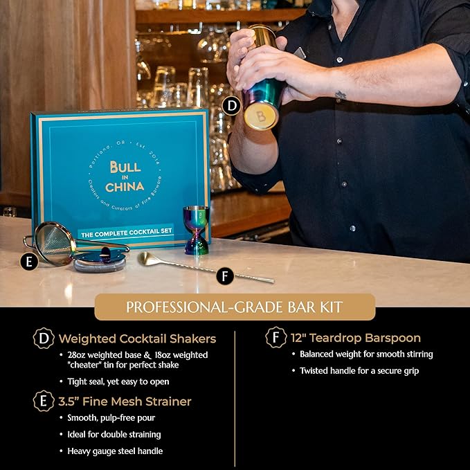 Shaken & Stirred Cocktail Set by Bull in China - Premium Bartender Gift Set w/ 2 Piece Weighted Shaker, Hammered Jigger, Hawthorne Strainer, Fine Mesh Strainer, Mixing Glass & Barspoon (Antique Brass)
