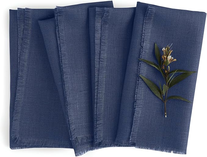 Solino Home Fringe Linen Cloth Napkins Set of 4-100% Pure Linen Vintage Blue Dinner Napkins 20 x 20 Inch - Handcrafted and Machine Washable