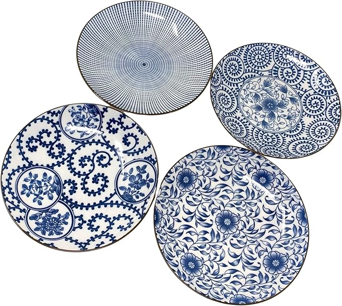 TJ Global Set of 4 Japanese Pottery Ceramic 6.8 Inch Plates for Any Meal and Dish, Japanese Dinnerware and Tableware with Traditional Blue Design
