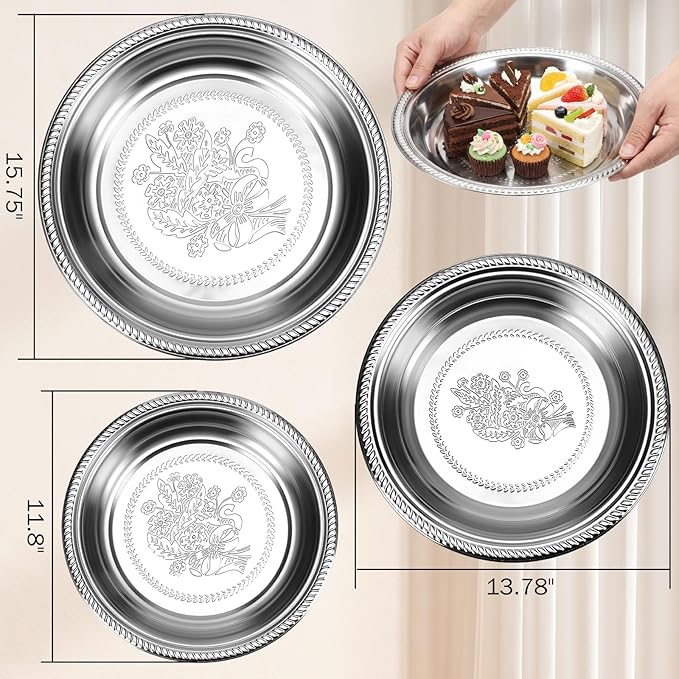 3 Pack Stainless Steel Large Silver Serving Trays Round Serving Platters 15.75" 13.78" 11.8" Metal Tray Set Mirror Tray for Party Kitchen Charcuterie(Floral Engraved)