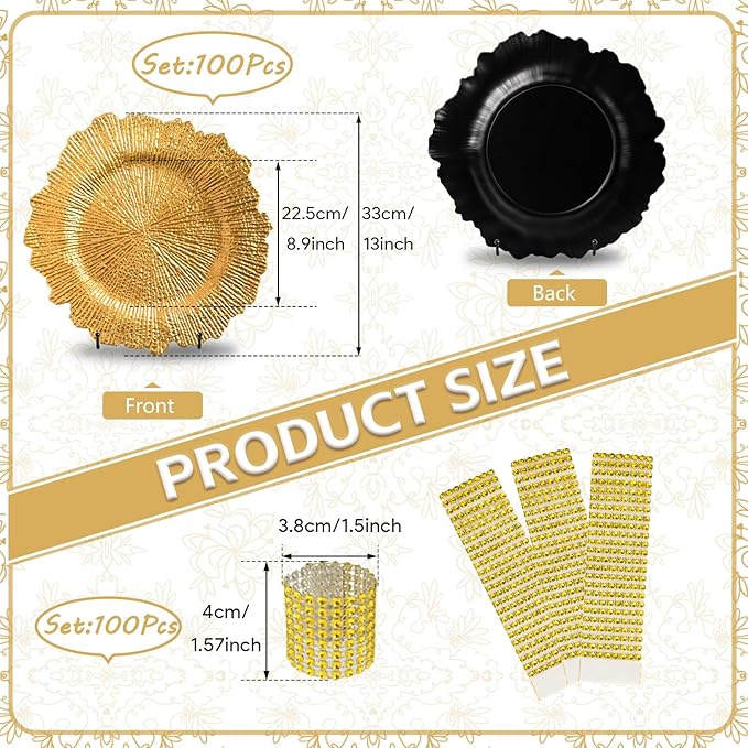 PROY 200Pcs Charger Plates Set Bulk, 100 Pcs 13'' Gold Reef Charger Plates 100 Napkin Ring for Dinner, Gold Chargers for Table Setting, Wedding