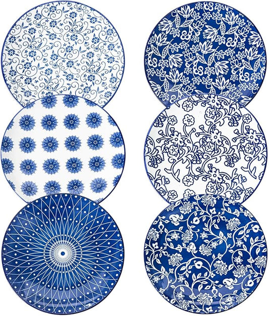 Ceramic Salad Plates Set - 8.5 Inch Small Round Dessert Dishes for Kitchen Dinner Pasta Appetizer Sandwich - Scratch Resistant Porcelain Microwave Oven Dishwasher Safe - Set of 6 - Vintage Blue