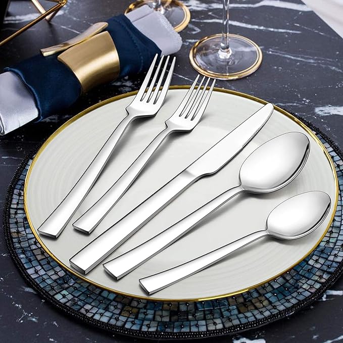 LIANYU 60-Piece Silverware Set, Stainless Steel Square Flatware Cutlery Set for 12, Eating Utensils Tableware, Mirror Finish, Dishwasher Safe