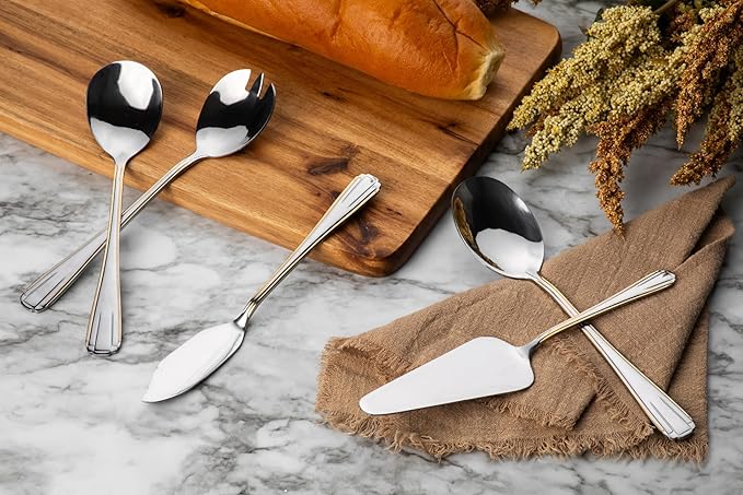 5 Piece Hostess Set - Serving Utensil Set - 18/10 Stainless Steel Silverware - Luxurious Handle with Gold Detailing - Elegant Silver and Gold Flatware Hostess Serveware (5, Verona)
