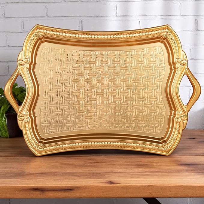 Alisveristime 2-Person Rectangular Metal Serving Tray – Ottoman Motif, (14.6" x 9", 13.1 oz) (Gold)