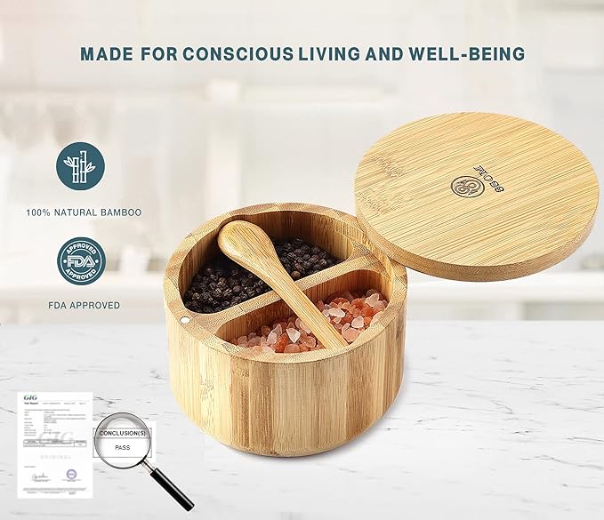 Bamboo Salt and Pepper Box with Swivel Lid, Embedded Spoon, Magnetic Closure Lid to keep the dust out, Salt Cellar Bowl Container to Storage Pepper Spice Herb Sea Salt, Dual 5 Oz Capacity