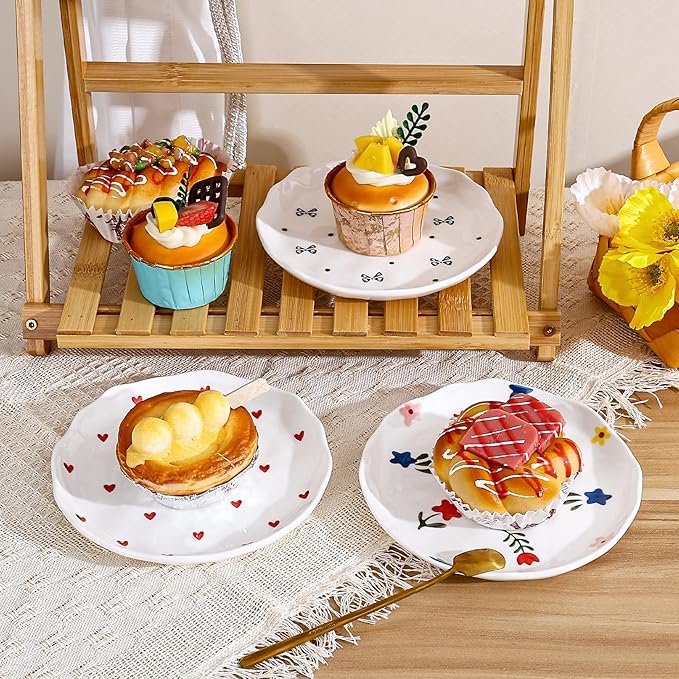Koythin Ceramic Dessert Plates, Cute Fruits Dinner Plate, Creative Plates Design, Printed Flowers Dinnerware for Office and Home, Kitchen Plates for Desserts (Small Love)