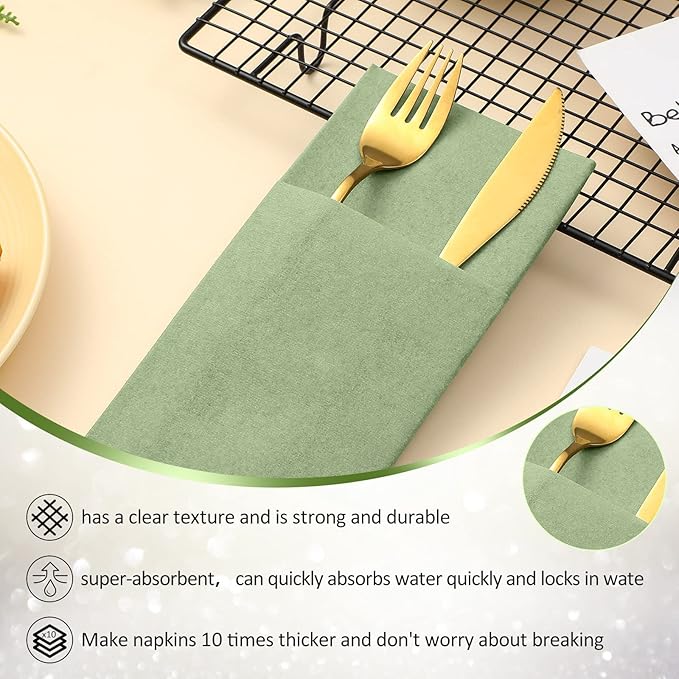 Cindeer 150 Pcs Sage Green Linen Dinner Feel Napkins with Built in Flatware Pocket Prefolded Paper Disposable Airlaid Guest Hand Towel for Silverware Wedding Reception Christmas Baby Shower