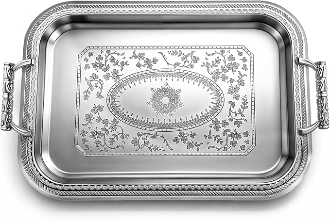 Rtteri Silver Serving Trays with Handles Rectangle Stainless Steel Metal Plate 16.1" x 11.4" Mirror Tray for Cake Cookies Snacks Desserts Fruit Ottoman Coffee Table Living Room Whiskey Table Decor