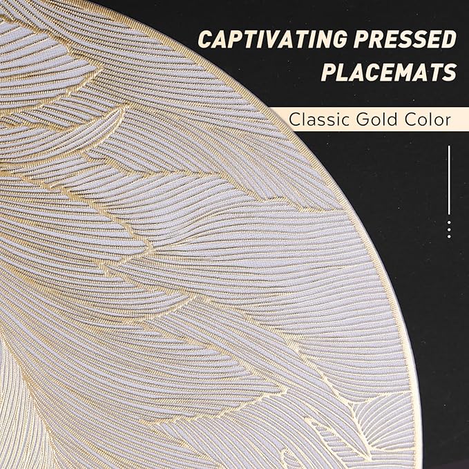 FAVE 12PCS Round Placemats Feather Pressed Vinyl Placemats Set of 12 Slip Resistant Table Mats Wipeable Gold Placemat for Table Decor Holiday Wedding Accent(Golden Feather, 12PCS)