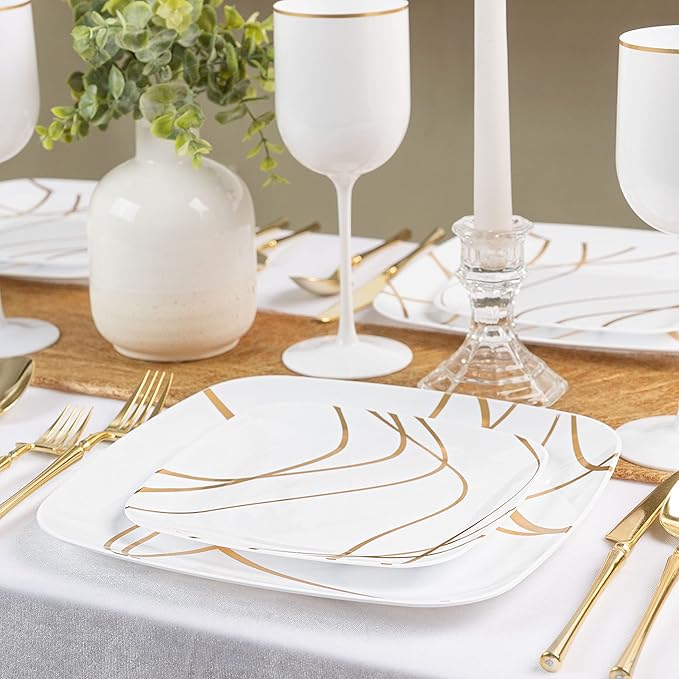 PLASTICPRO Square 64 Piece Combo Plates Set includes 32 x 7'' inch Salad Plates & 32 x 10'' inch Dinner Plates White Plastic with Gold Impulse Design Party Plates, Elegant, Tableware,