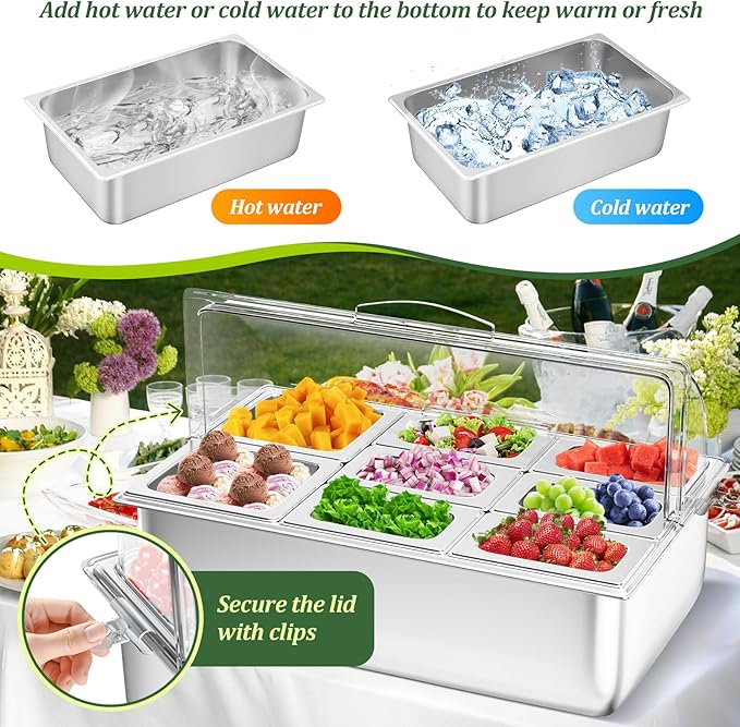 Countertop Food Serving Display Container with Clear Roll Top Cover, Stainless Steel Salad Serving Tray Condiment Dispenser Ice Food Serving Display Tray for Buffet Restaurant Kitchen Party(8 Pan)