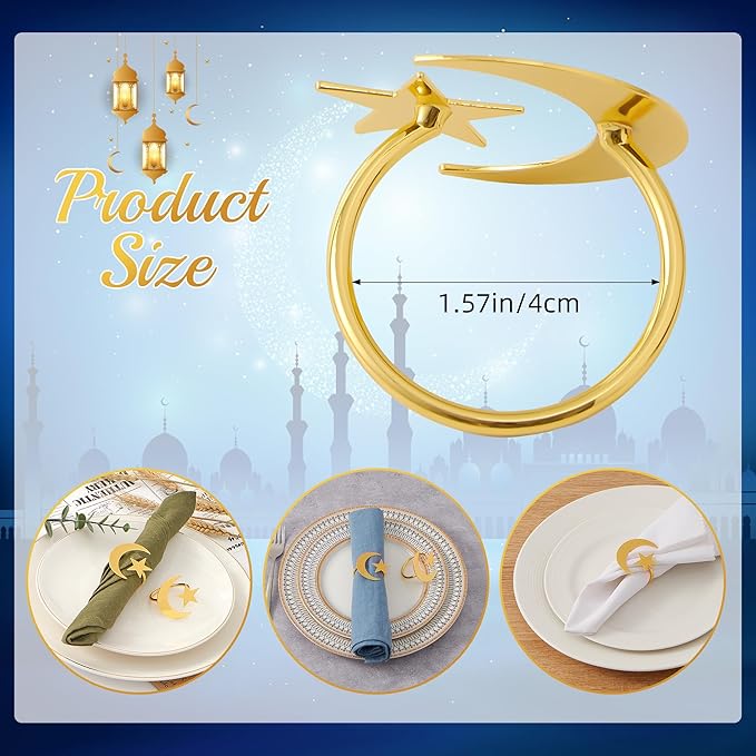 APTWOW Gold Ramadan Bismillah Napkin Rings Set of 12 - Eid Mubarak Napkin Holder, Moon and Star Metal Napkin Rings for Ramadan Banquet Party Dining Table Decoration