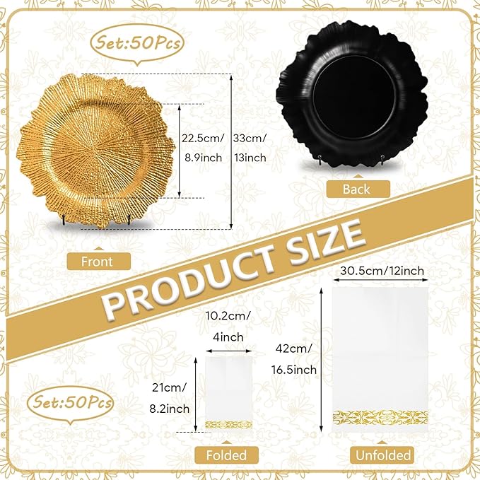 PROY 50 Pcs Gold Charger Plates Bulk, 13" Gold Reef Charger Plates for Wedding, Thanksgiving, Christmas, Plastic Chargers for Dinner Plates