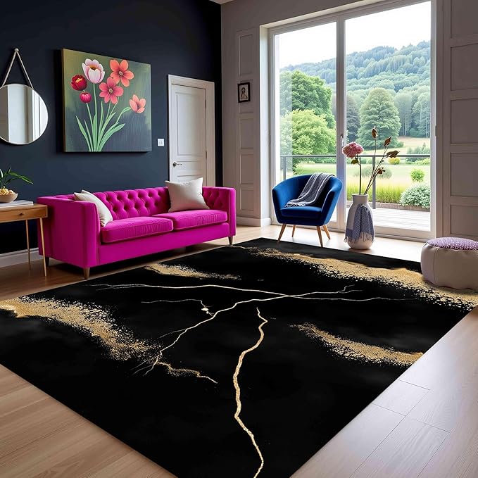 Luxury Black Gold Marbel Pattern Design Area Rug 6x9 for Living Room Bedroom Soft Non Skid Low Pile Big Rugs Under Dining Table Minimalist Floor Mats Nursery Farmhouse Modern Abstract Indoor Carpet