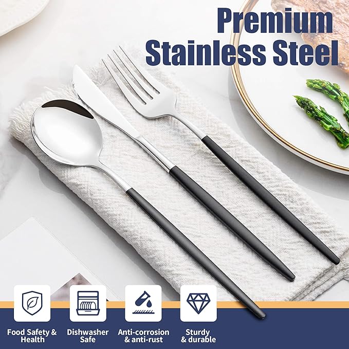 20 Piece Black Silver Silverware Set,Stainless Steel Flatware Cutlery Set Service for 4 Including Forks Spoons Knives,Utensil Set,Tableware for Home and Restaurant, Dishwasher Safe