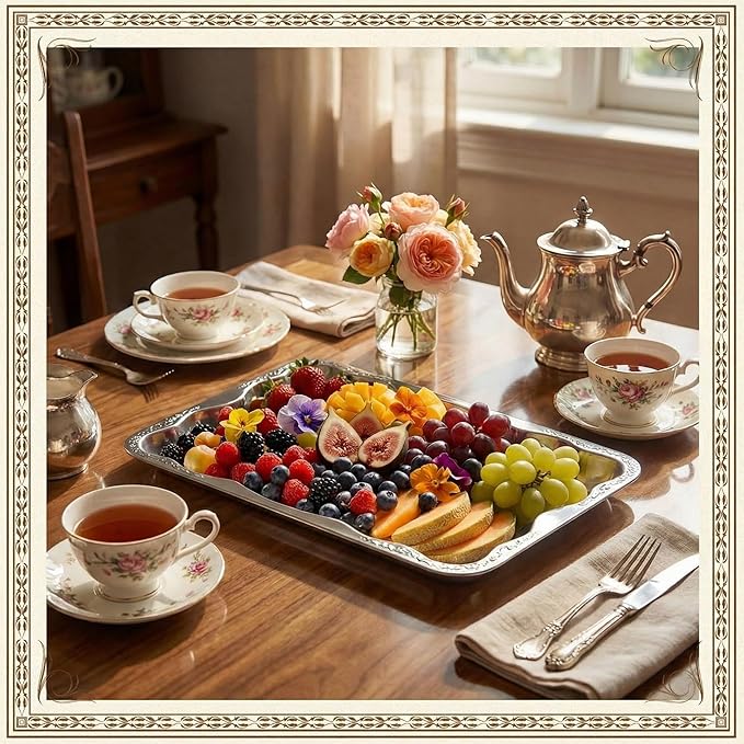 4 Pack Silver Serving Trays Set for Party, Butterfly Floral Silver Platter Engraved Mirror Tray, 15.8 x 11.6 Inches Elegant Metal Plate for Christmas Food Appetizer Cookies Desserts